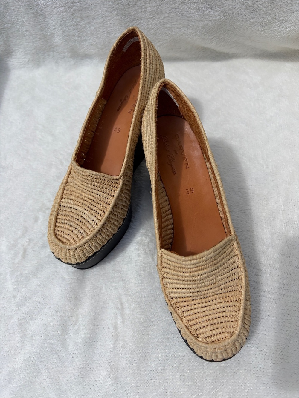 Carven & Robert Clergerie Woven‎ Raffia Wedge Platform Loafers - Size 39